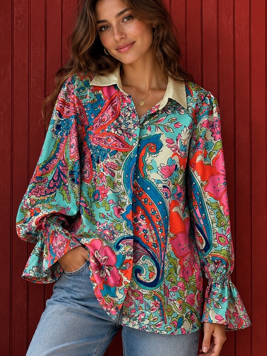Cherry Betty Tops - Cherry Betty Vibrant Floral Paisley Blouse in Aqua & Pink size M